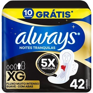 Absorvente Always Noites Tranquilas Cobertura Suave Tamanho Xg Com Abas Leve 42 E Pague 32 Unidades