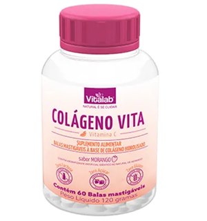Colágeno Hidrolisado Sabor Morango 1G Vitalab 60 Balas Mastigáveis