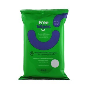 Lenços Free Wipes 20 Unidades - Elimina 99% Das Bactérias 