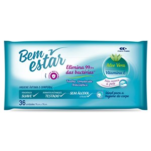 Toalha Bem Estar Com Aloe Vera + Vitamina E 36 Unidades - Elimina 99,9% Das Bactérias