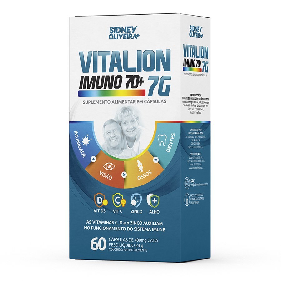 VITAMINA D3 + C + ZINCO + ALHO VITALION IMUNO 7G 70+ 60 CÁPSULAS SIDNEY OLIVEIRA