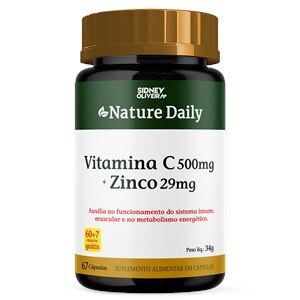 VITAMINA C 500MG + ZINCO 29MG NATURE DAILY 60 CÁPSULAS + 7 GRÁTIS SIDNEY OLIVEIRA