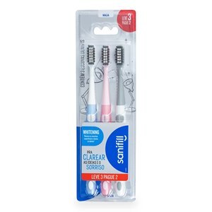 ESCOVA DENTAL SANIFILL WHITENING LEVE 3 PAGUE 2 MACIA CORES SORTIDAS 