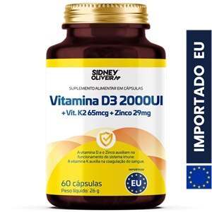 Vitamina D3 2000Ui+Vitamina K2 65Mg+Zinco 29Mg 60 Cápsulas União Europeia Sidney Oliveira