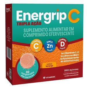 VITAMINA C + ZINCO + D - ENERGRIP C TRIPLA AÇÃO 1G + 10MG + 400UI 30 COMPRIMIDOS EFERVESCENTES