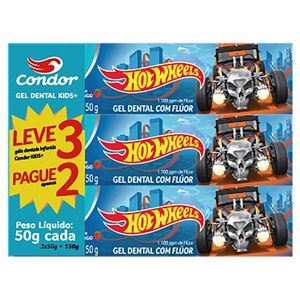 PACK GEL DENTAL CONDOR KIDS HOT WHEELS COM FLÚOR SABOR MORANGO LEVE 3 PAGUE 2 150G