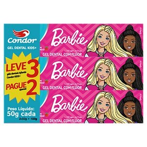 PACK GEL DENTAL CONDOR KIDS BARBIE COM FLÚOR SABOR MORANGO LEVE 3 PAGUE 2 150G