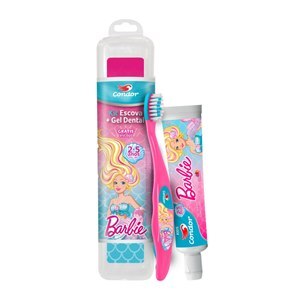 KIT ESCOVA DENTAL EXTRAMACIA CONDOR BARBIE + GEL DENTAL COM FLÚOR SABOR TUTTI FRUTTI 50G + ESTOJO PROTETOR GRÁTIS