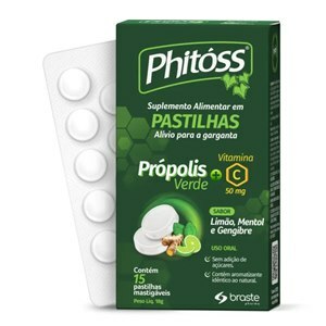 PRÓPOLIS VERDE + VITAMINA C 50MG - PHITOSS PASTILHAS MASTIGÁVEIS 15 UNIDADES