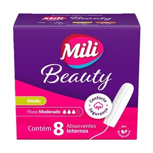 ABSORVENTE INTERNO MILI BEAUTY MÉDIO FLUXO MODERADO 8 UNIDADES