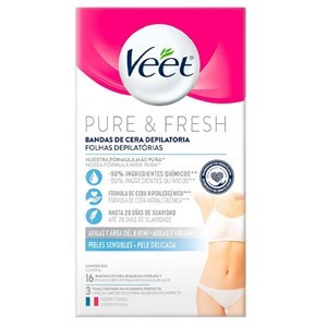 CERA FRIA PARA AXILAS E VIRILHAS VEET PURE & FRESH PELE SENSÍVEL 16 FOLHAS DEPILATÓRIAS