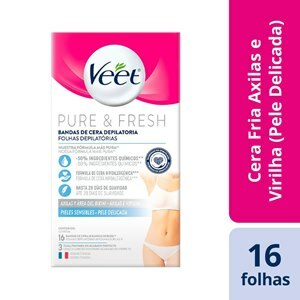 CERA FRIA PARA AXILAS E VIRILHAS VEET PURE & FRESH PELE SENSÍVEL 16 FOLHAS DEPILATÓRIAS