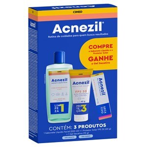 ACNEZIL KIT SABONETE LÍQUIDO FACIAL 200ML + PROTETOR SOLAR FPS30 60G GRÁTIS GEL SECATIVO 10G