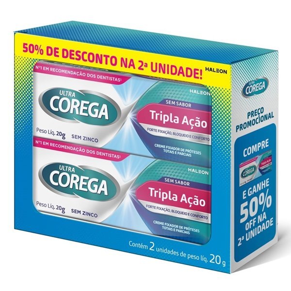 Kit Corega Ultra Creme Tripla Ação Sem Sabor 20g 2 Unidades - Ultrafarma