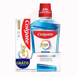 Enxaguante Bucal Colgate Total Prevenção Ativa Clean Mint 500Ml + Creme Dental Colgate Total Prevenção Ativa Original Mint 90G Grátis