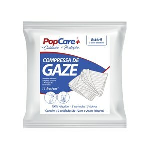 Compressa De Gaze Estéril 12Cmx24cm 11 Fios Popcare 10 Unidades