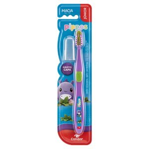 Escova De Dente Macia Infantil Condor Pippos Júnior Com Capa Protetora Cores Sortidas - 1 Unidade